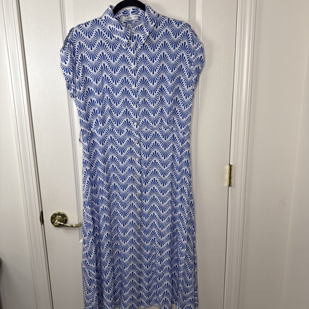 MNG Mango Womens L Blue White Printed Button Front Midi Shirt Dress